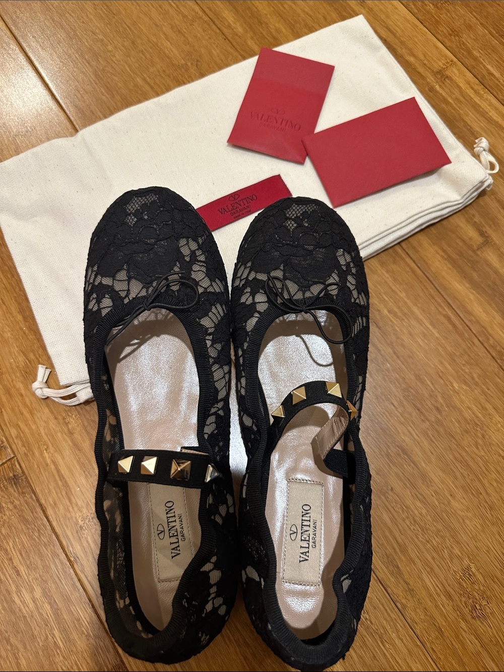 Valentino Black Lace Rockstud Ballet Flats with Gold Studs